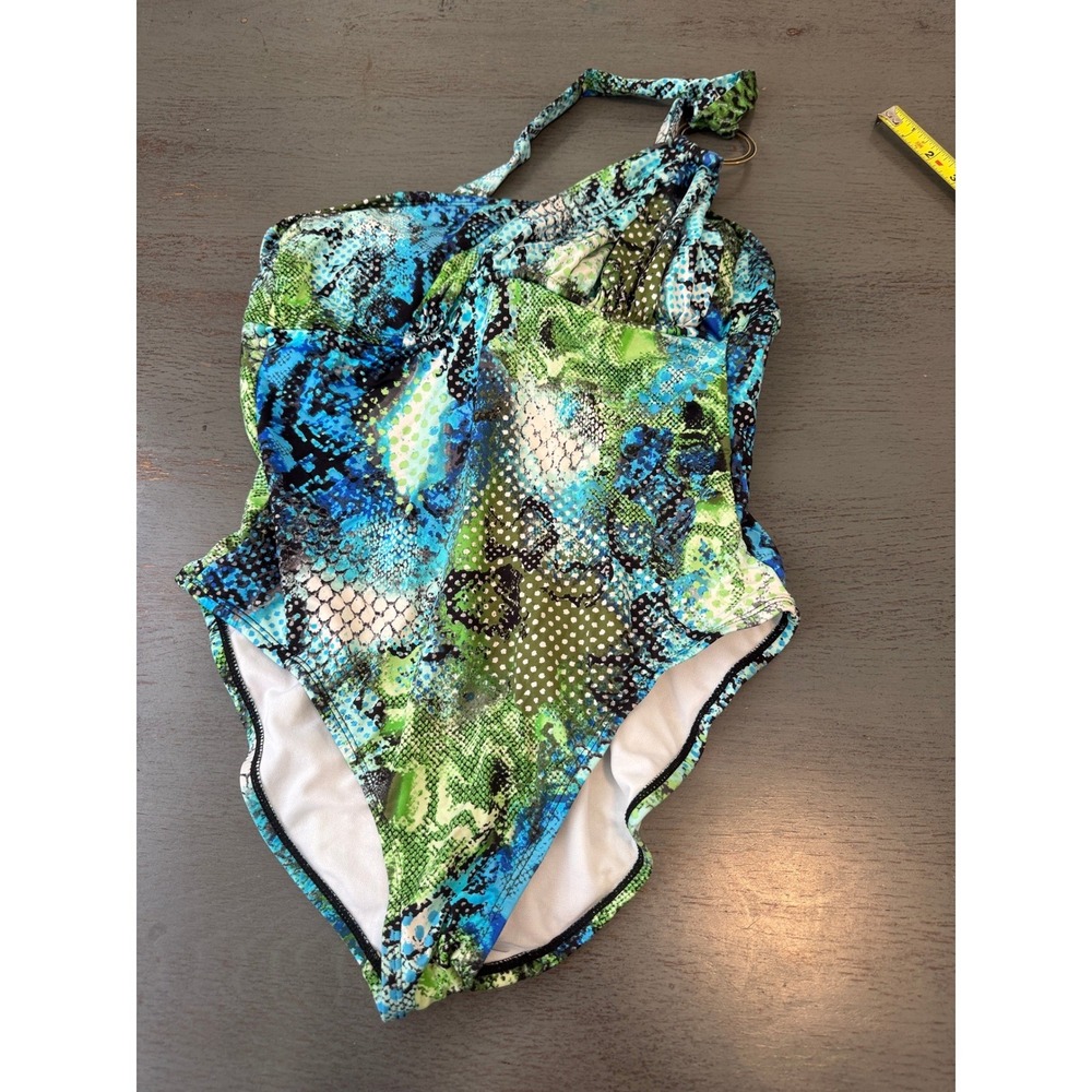 Kenneth Cole Reaction One Shoulder Snakeskin Polka Dot Swimsuit Blue Green M